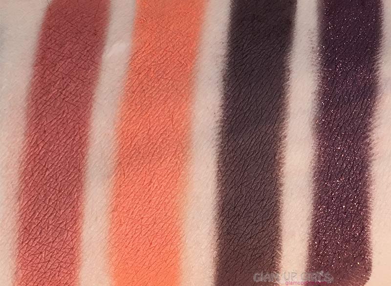 Swatches of Revenge, Thic, Played Out and Shade from ColourPop Perception Pressed Powder Shadow Palette