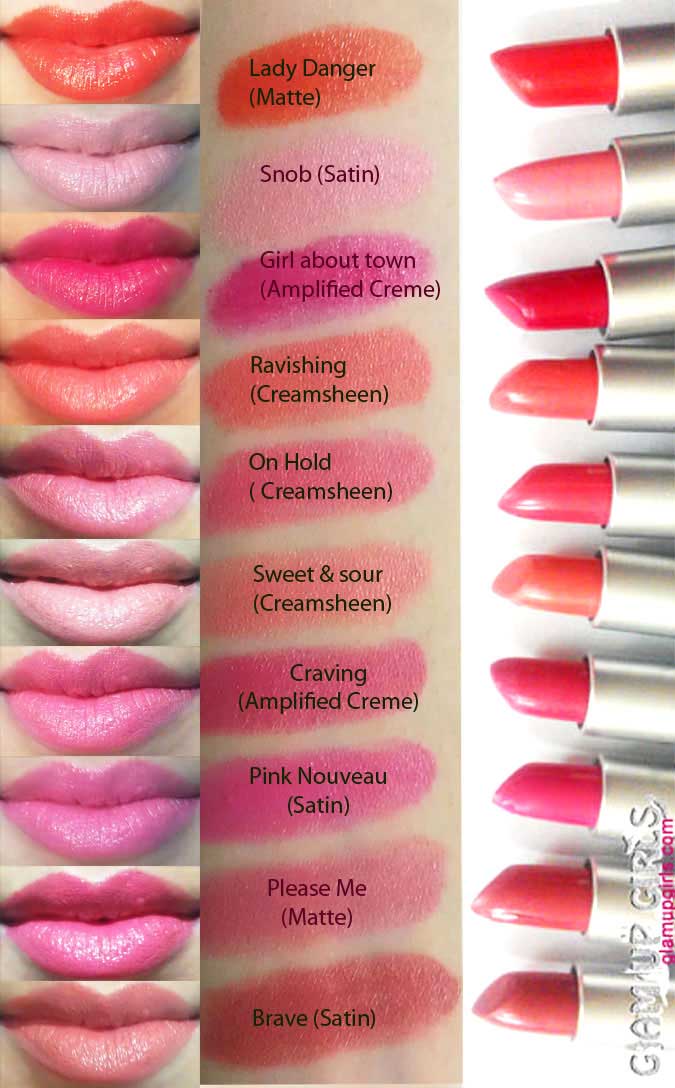 MAC Lipstick collection with matte, amplified creme, creamsheen, satin finishes having colors Lady Danger, Snob, Girl About Town, Ravishing, On Hold, Sweet & Sour, Craving, Pink Nouveau, Please Me, Brave