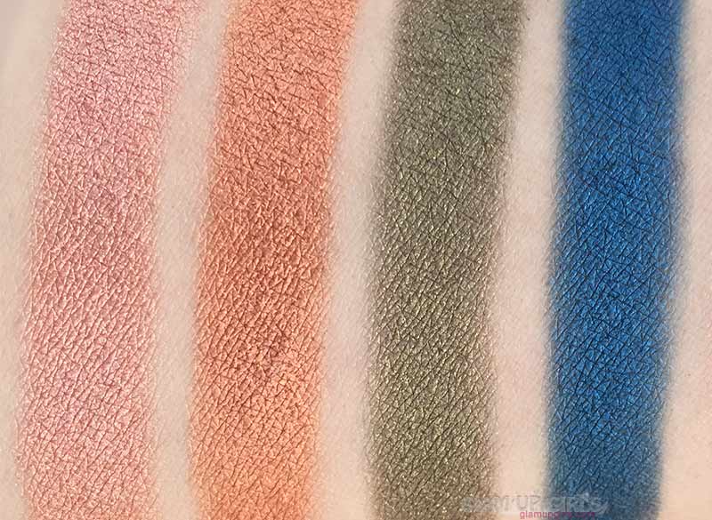 Swatches of Spill the tea, Diva, I.E. and 14 from ColourPop Perception Pressed Powder Shadow Palette